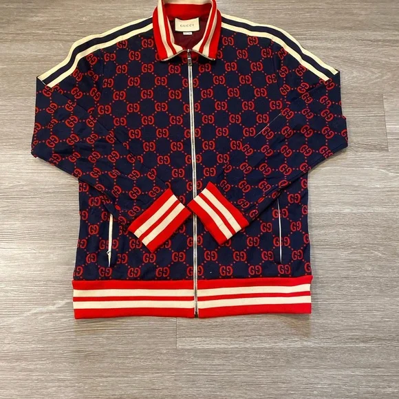 Gucci | Sweaters | Gucci Blue And Red Zip Up Sweater With Monogram
